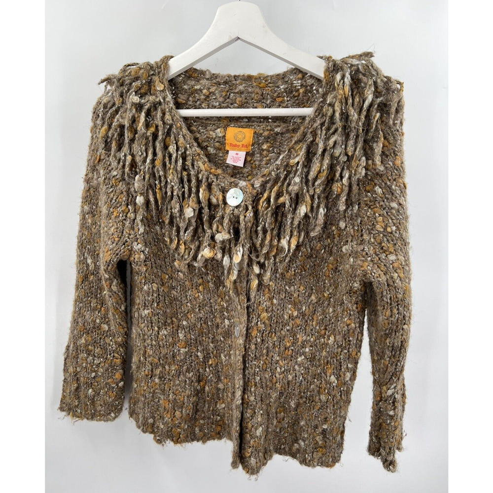 Ruby Rd Wool Blend Brown Knit At-Waist Sweater Lion's Mane Collar Womens Medium